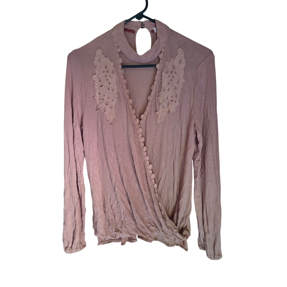 Skylar + Jade Mauve‎ Ribbed Wrap Top Lace Applique Mock Neck Long Sleeve S